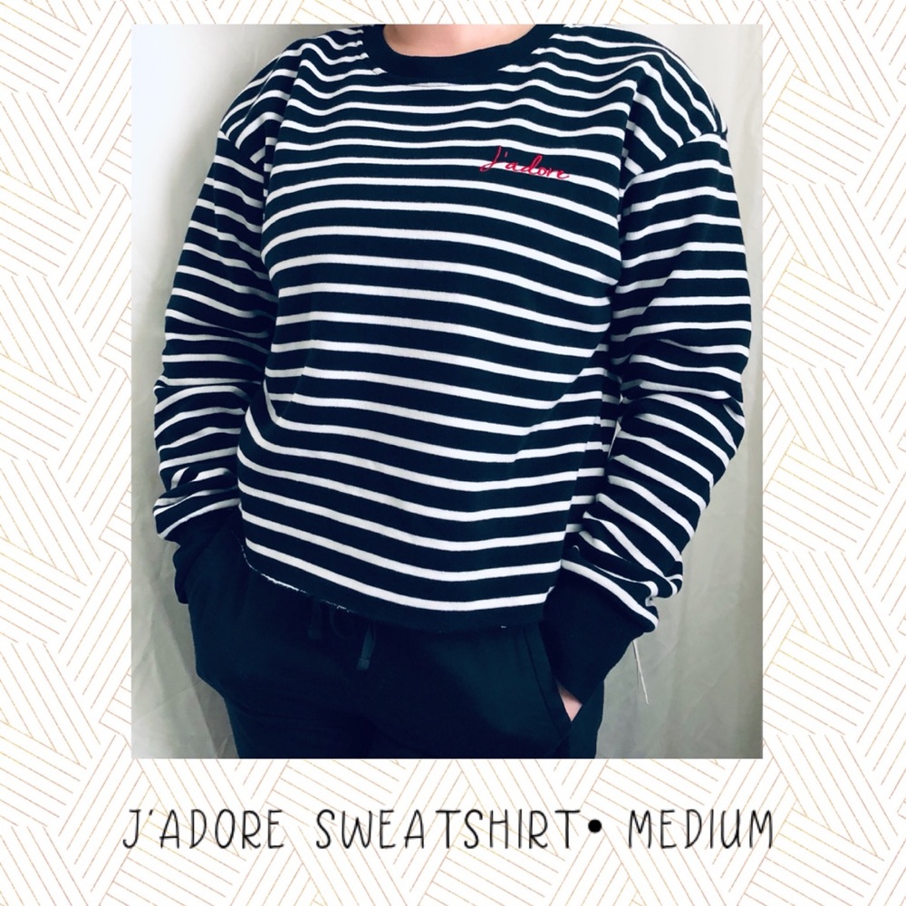 Rewind black white Striped J’Adore sweatshirt NWT